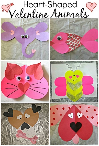 Seis animales creados con corazones de cartulina o papel.