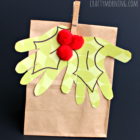 Kid's Handprint Holly Mistletoe Gift Bag Idea