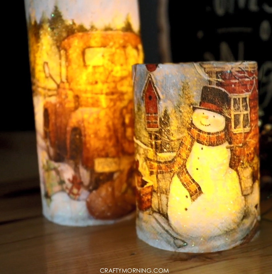 DIY Christmas Napkin Decoupage Candles